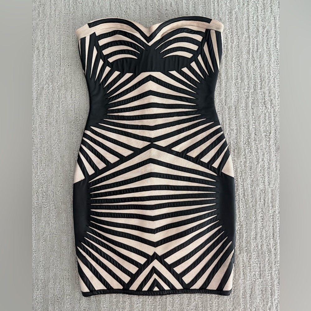 Herve Leger Bodycon Strapless Mini Dress Black and Nude Dress